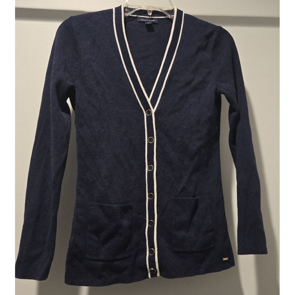 Tommy Hilfiger Cardigan Sweater Womens Small Navy‎ Blue Long Sleeve V Neck